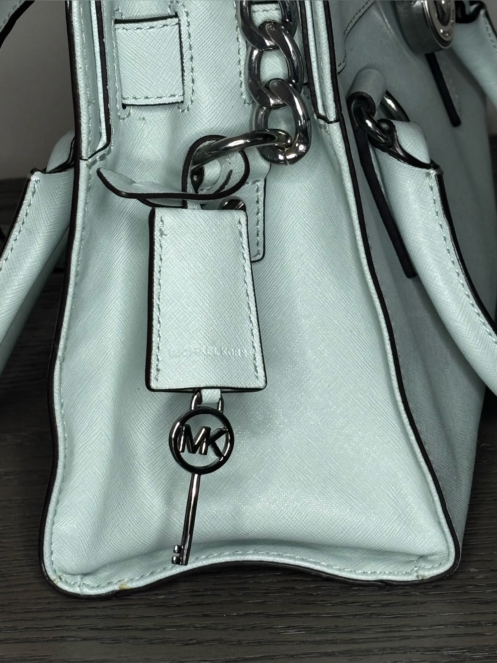 Michael Kors Hamilton Mint Green Saffiano Leather Satchel Tote Silver Lock Bag - Picture 10 of 16